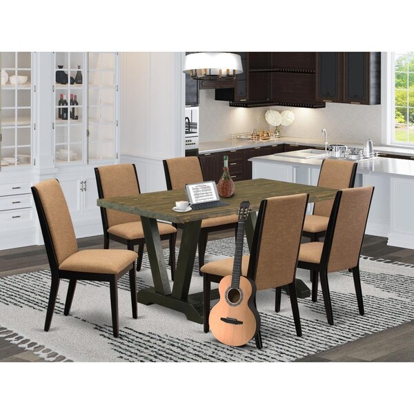 East West Furniture 7 Piece V-Style Dining Room Set - Wire Brushed Black V676LA147-7 - main